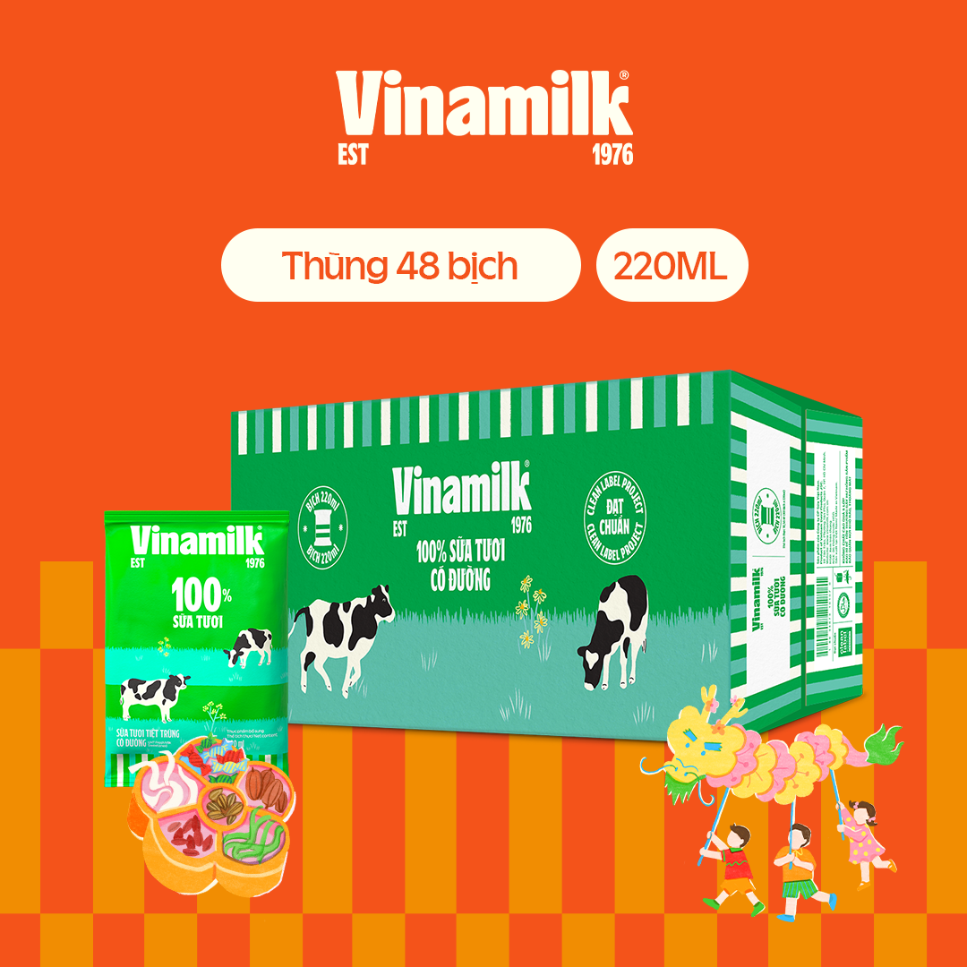 Thùng 48 bịch Sữa tươi tiệt trùng có đường Vinamilk 100% Sữa tươi 220ml