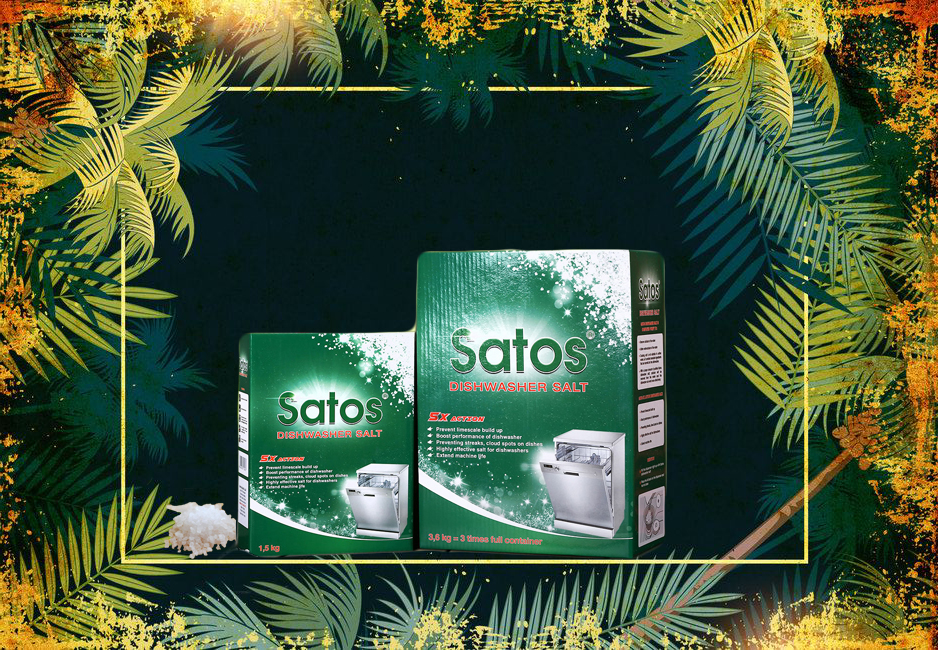 Muối rửa bát Satos 3.6kg, Kèm que thử nước cứng . dành cho các loại máy rửa bát, độ tinh khiết đạt 99.4%. Tiêu chuẩn hạng A của Châu Âu.