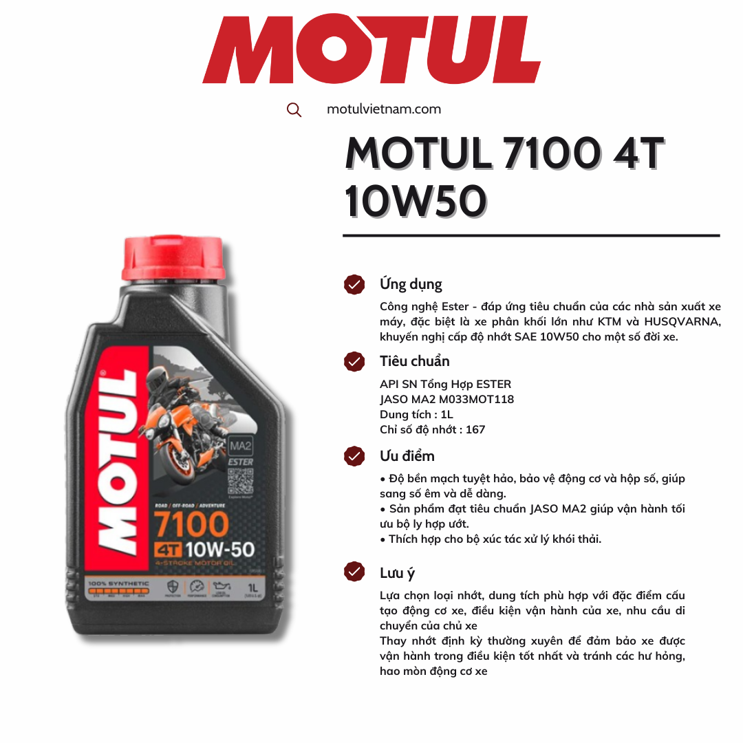 Dầu nhớt xe số cao cấp MOTUL 7100 4T 10W50 SN MA2 Tổng hợp 100% 1L Có chiết lẻ 1L1 1L2 1L3 1L4 1L5