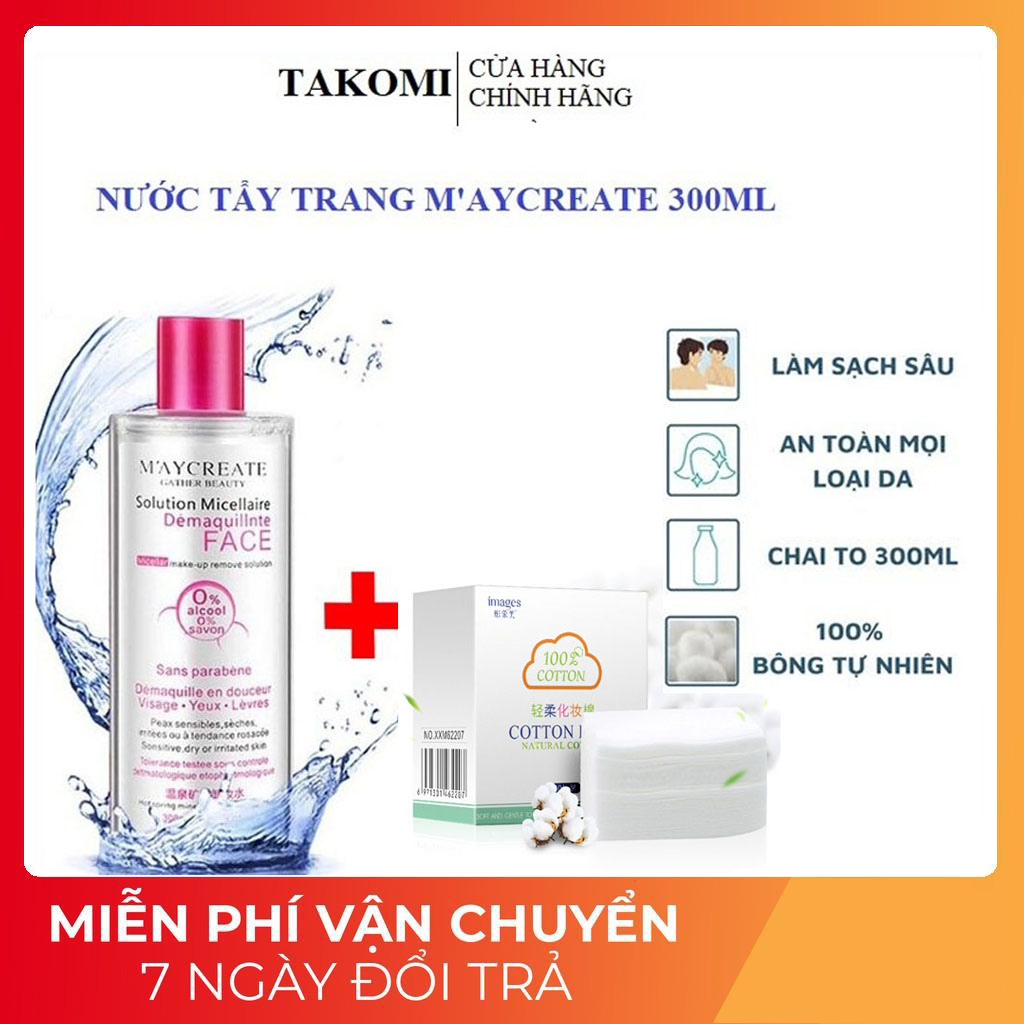 Combo nước tẩy trang maycreate tẩy sạch lớp trang điểm không gây hại cho da +bông tẩy trang cotton 100 miếng tt