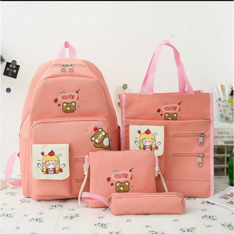 Set balo nữ 4 gấu cute cô bé táo cb84