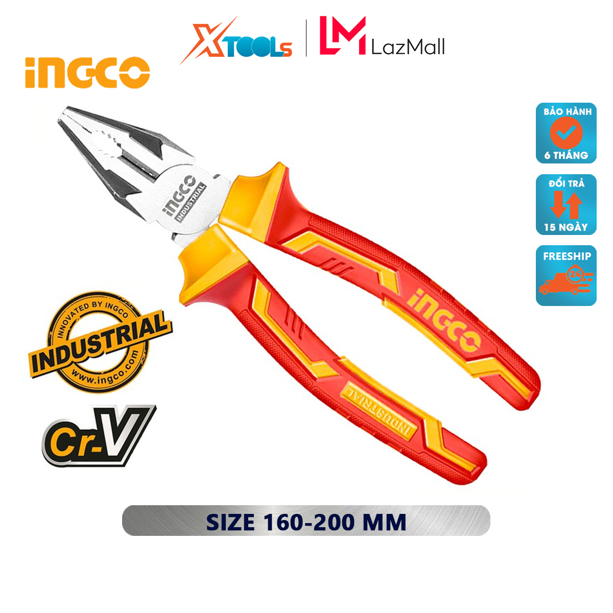 Kềm răng cách điện INGCO | Kìm bấm công nghiệp Kích thước: 6-8"/ 160-200mm Tay cầm cách điện lên đến 1000V, dùng để cắt hoặc xoắn dây và cáp đa năng