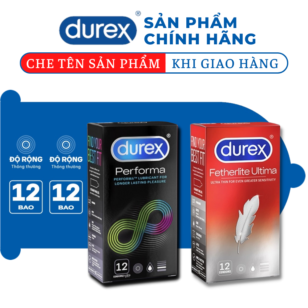 [Che tên] Bao cao su Durex Performa kéo dài thời gian quan hệ + Fetherlite Ultima siêu mỏng
