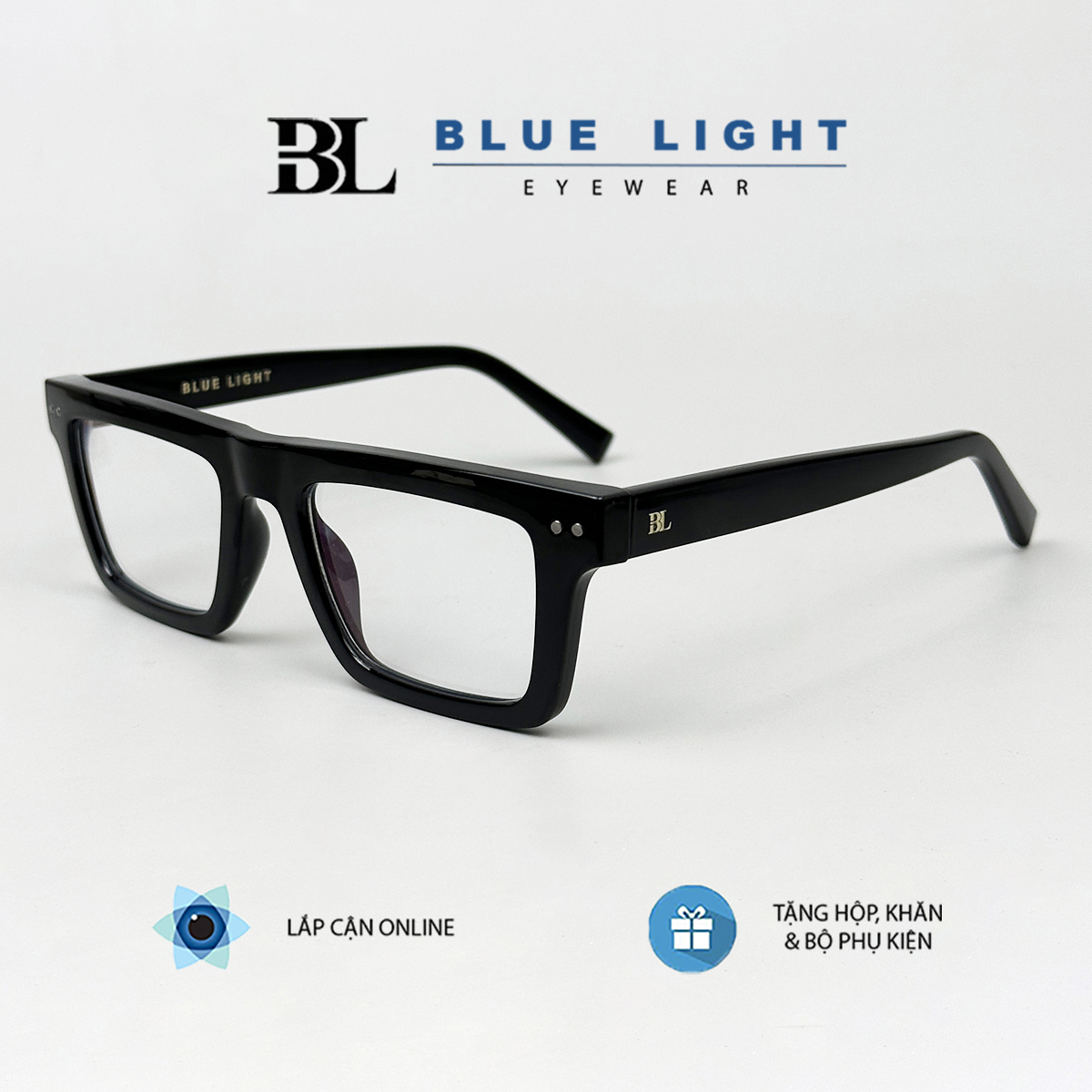 Gọng Kính Cận, Kính Giả Cận Nam Cao Cấp BLUE LIGHT Eyewear, Mắt Vuông Nhỏ Góc Cạnh, Nhựa Acetate Lõi Thép, Dày Cứng Cáp, Đen, Xám, Trà