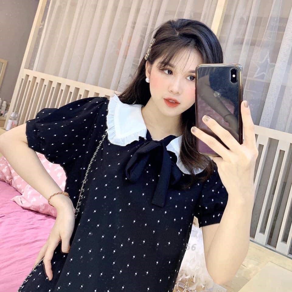 Đầm bầu thiết kế đẹp v02 đầm chấm bi đen váy bầu công sở kèm đai