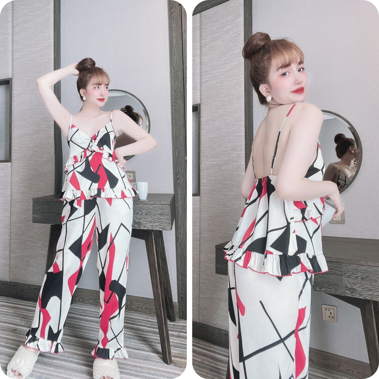 Bộ ngủ sexy 2 dây nơ dúng bèo quần dài lụa latin mát
