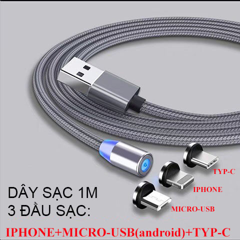 Dây sạc nam châm +3 đầu sạc ( I.phone, android, ipad, củ sạc đa năng) và các thiết bị nghe nhìn...= được bảo hành 3 tháng.