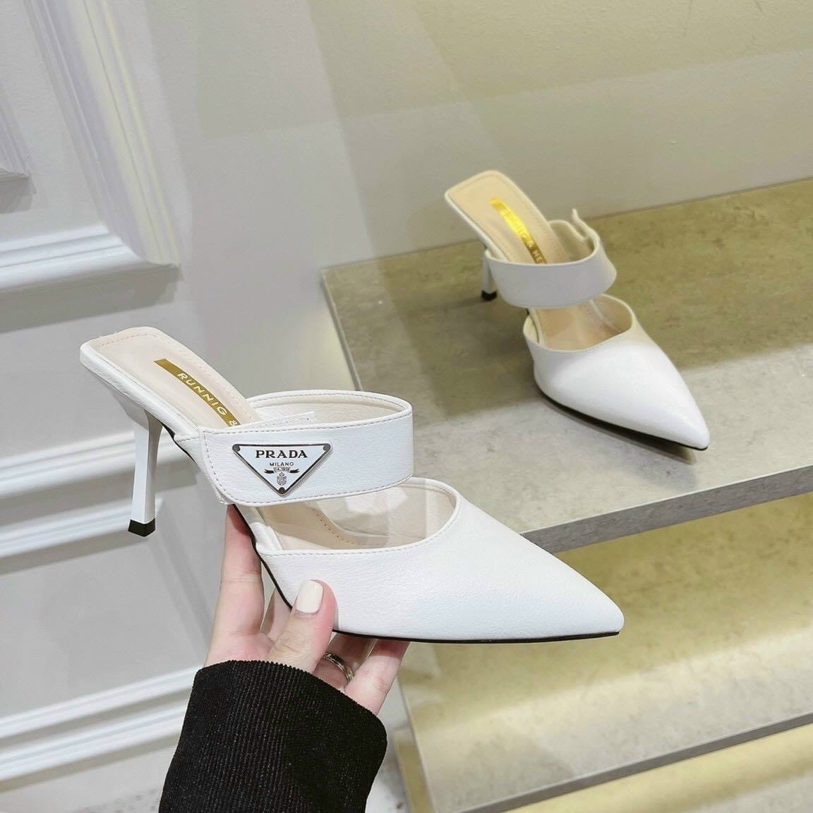 Dép sục nữ cao gót mũi nhọn da sần quai ngang P.A gót nhọn 8cm- G934