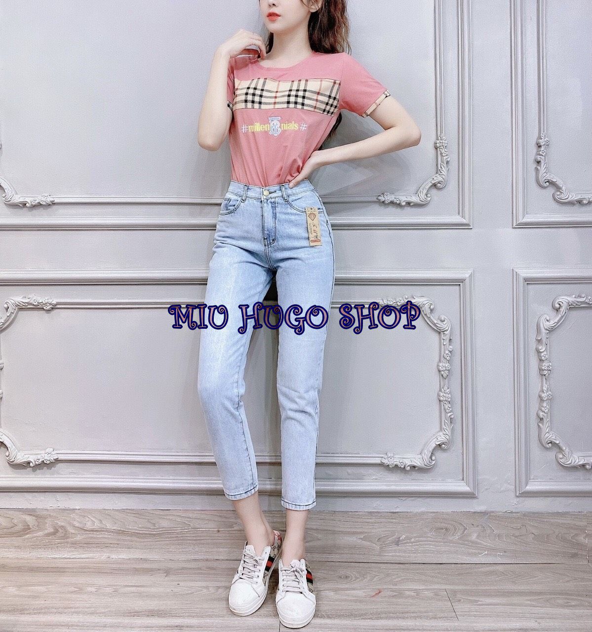 Quần Jean Nữ  Chất Liệu Đẹp TNN Baggy Xanh Nhạt  Hoặc Áo Thun Trơn