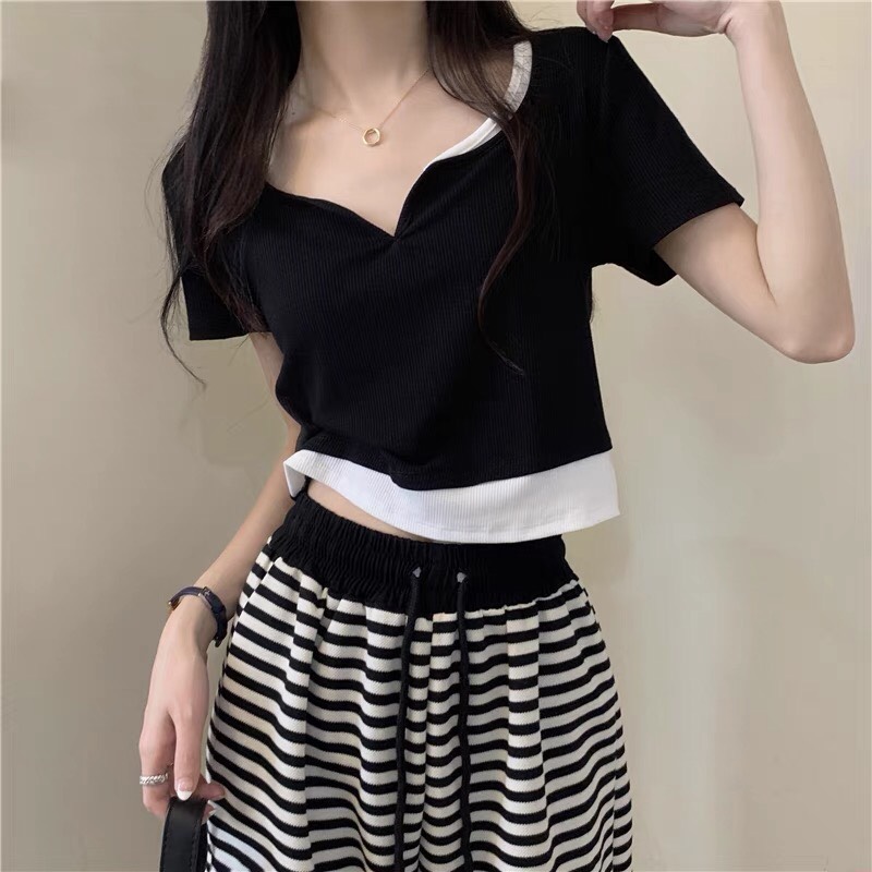 Áo croptop nữ ngắn tay phối màu độc đáo chất liệu len tăm thấm hút mồ hôi tốt áo croptop cổ v cách điệu phù hợp đi chơi