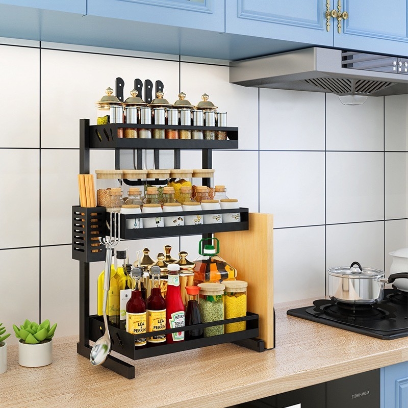 Kệ Để Gia Vị 3 Tầng Đồ Nhà Bếp Giá Để Đồ Nhà Bếp INOX Sơn Tĩnh Điện Cao Cấp Chống Han Gỉ Có Ống Đựng Đũa Khay Cài Dao Khay Để Thớt Vô Cùng Tiện Lợi