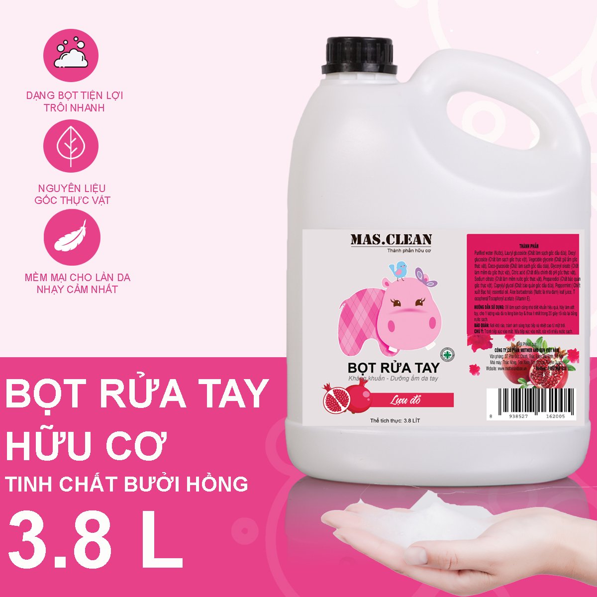 Nước rửa tay bọt hữu cơ Mas.Clean - can 3.8L