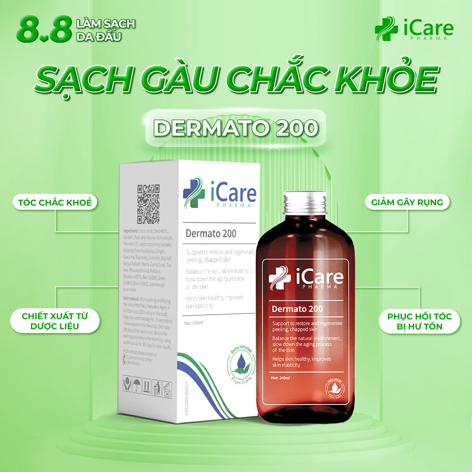Dermato 200 Ngăn Ngừa Gàu Nấm Giảm Rụng Tóc - Hỗ Trợ Kích Thích Mọc Tóc - Phục Hồi Tóc Hư Tổn Dermato 200 - Chiết Xuất Dược Liệu Ấn Độ, An Toàn Không Tái Phát