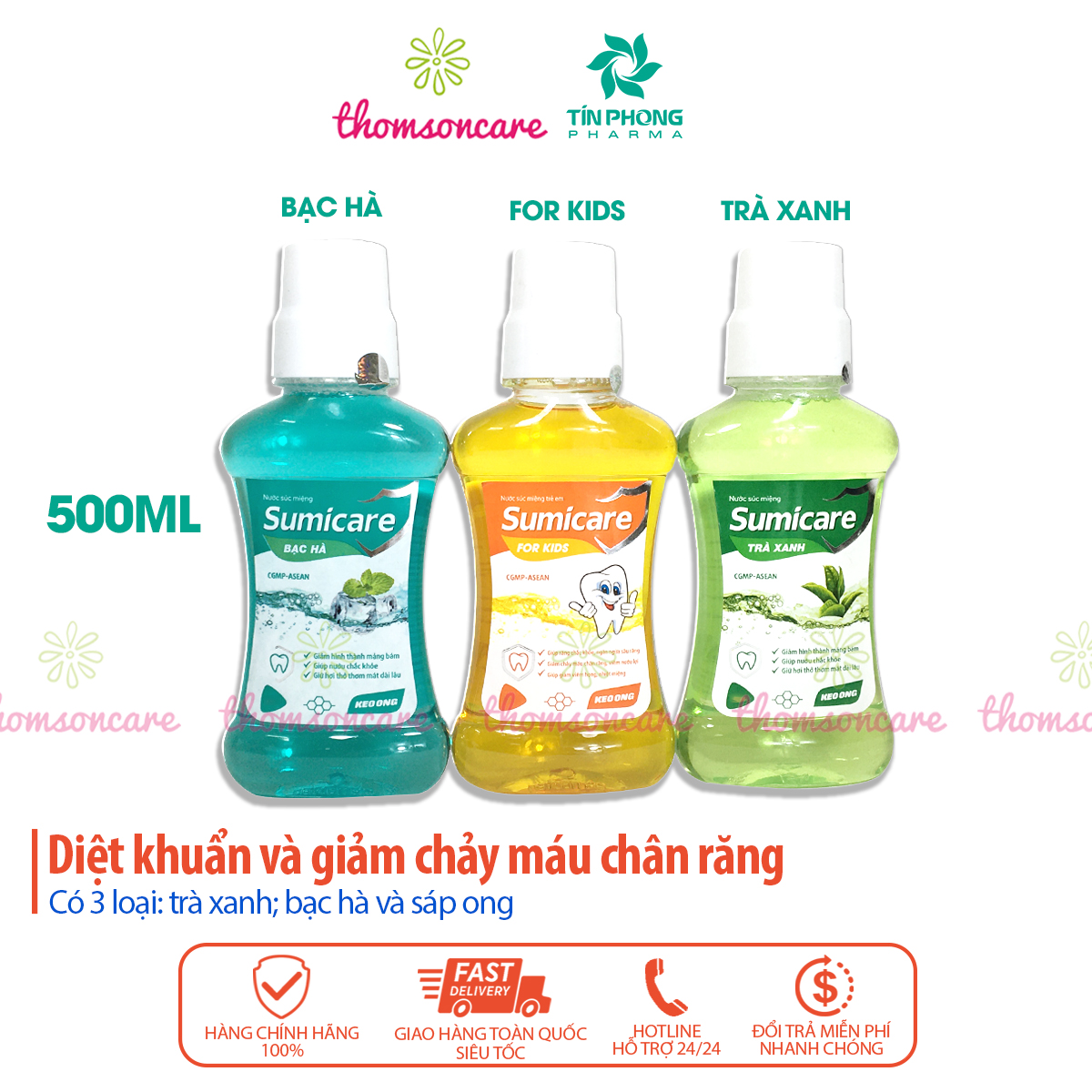 Nước súc miệng Sumicare bạc hà lọ 500ml cho trẻ em và người lớn - Chai xúc họng thơm miệng