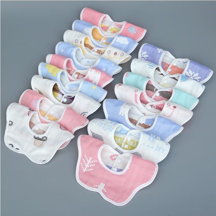 Yếm xô 6 lớp 2 mặt họa tiết - Yếm tròn xoay 360 độ giữ sạch sẽ cho bé khi ăn.