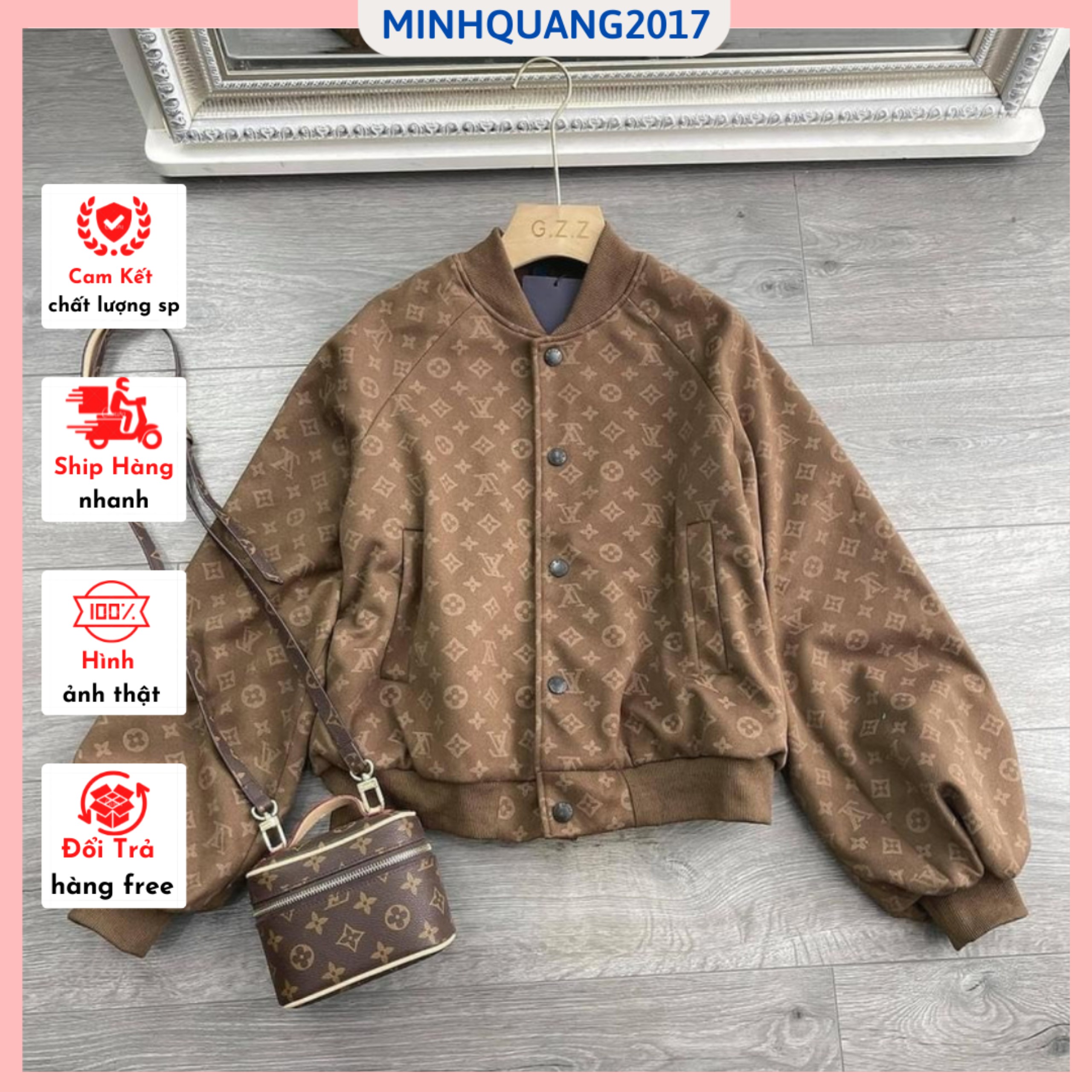 Áo Khoác Nỉ Bomber Nâu Hoạ Tiết L.v Siêu Sang Chảnh, Áo Bonber Bo Gấu Tay, jaket jaket, áo khoác bomber, jaket bomber, áo bomber unisex, bomber varsity, nam
