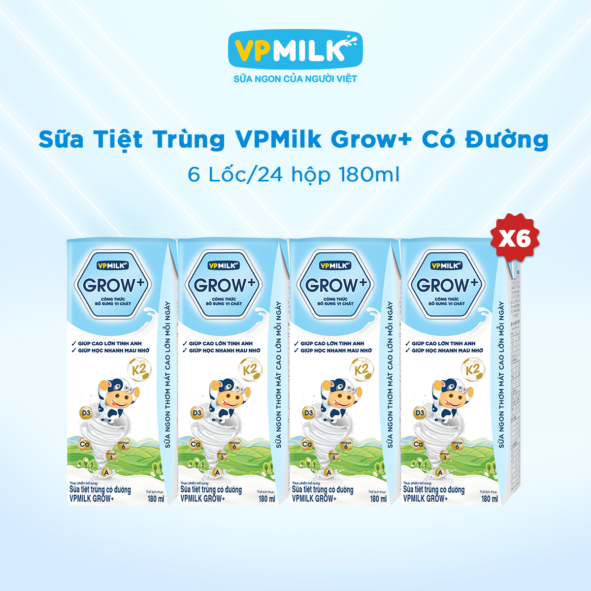 [6 Lốc 180ml] Sữa Tiệt Trùng VPMilk Grow+ Có Đường cho bé