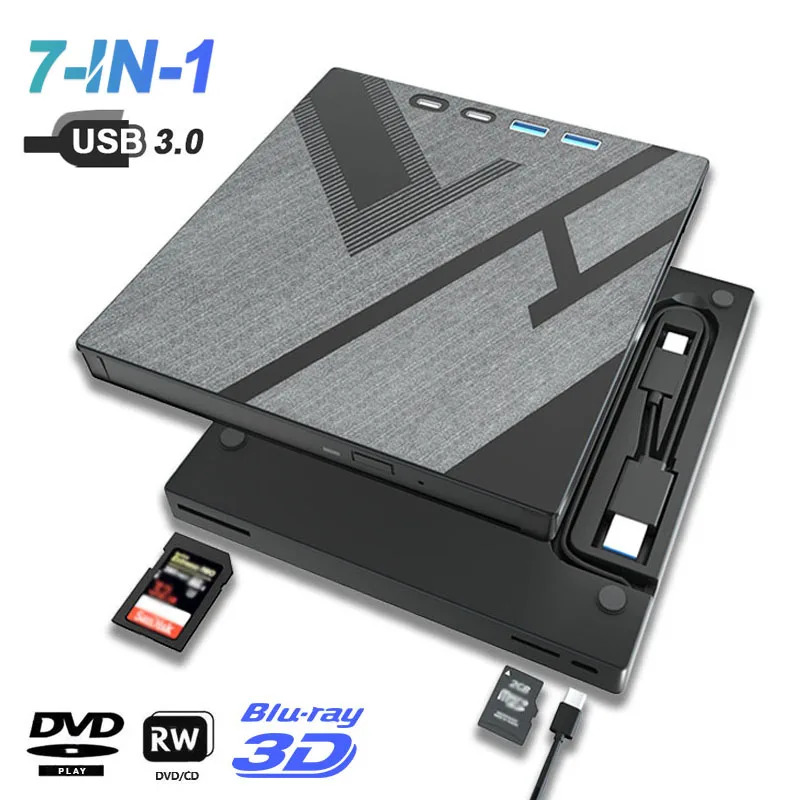 Ổ đĩa quang Bluray ngoài 7 trong 1 cho laptop USB 3.0 Type-C ghi đĩa BD DVD CD-RW di động với khe cắm thẻ SD/TF