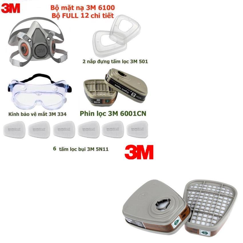 Combo Mặt nạ 3M 6100 Size S FULL 12 chi tiết kèm thêm 02 phin lọc 3M 6001CN ( Mặt nạ 3M 6100 kích thước nhỏ hơn so với bộ 3M 6200, bộ 3M 6200 là Size M) tác dụng phòng độc chống cháy, hỏa hoạn, phun sơn, phun trừ sâu đa năng chuyên dụng.
