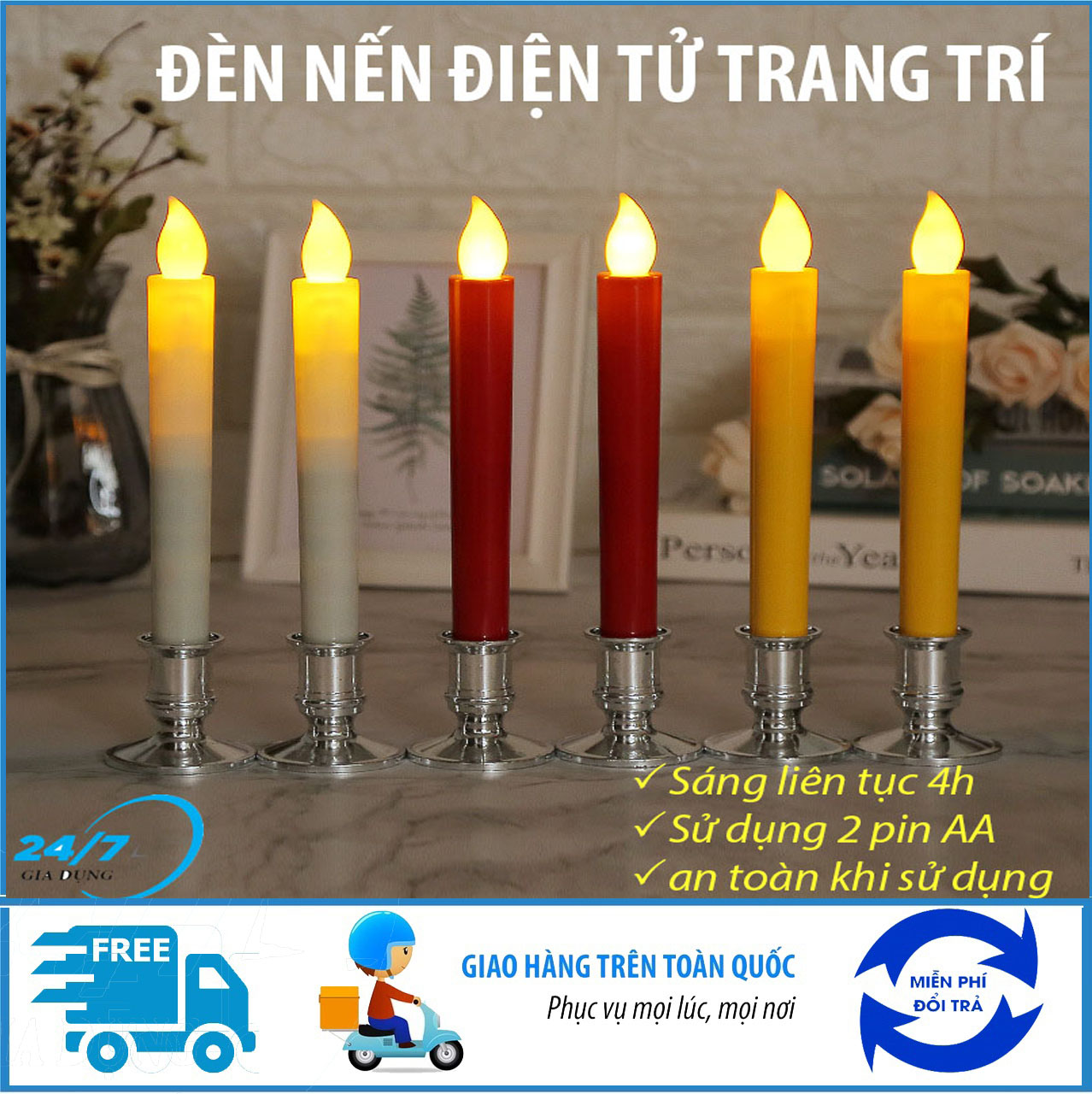 Nến điện tử, nến điện tử để bàn thờ, nến điện tử trang trí gia đình các dịp lễ tết, nến trụ led dùng pin, an toàn, tiện lợi, dễ sử dụng, đèn led nến - Giadungbv247