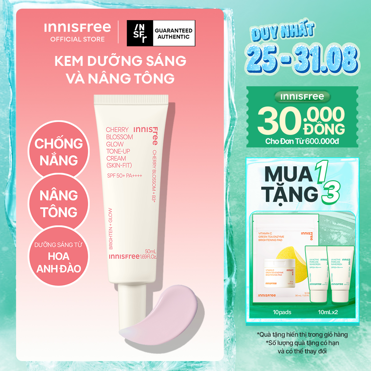 Kem dưỡng ẩm làm sáng chống nắng cho da INNISFREE Jeju Cherry Blossom Skin-Fit Tone-Up Cream SPF 50+PA++++ 50ml