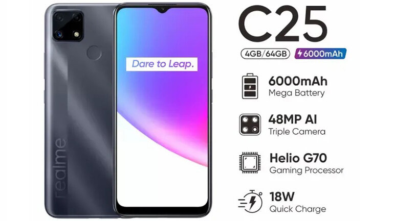 Điện thoại realme c25 ram 4g/128gb máy chính hãng pin 6000 mah tặng kèm 1 ốp lưng
