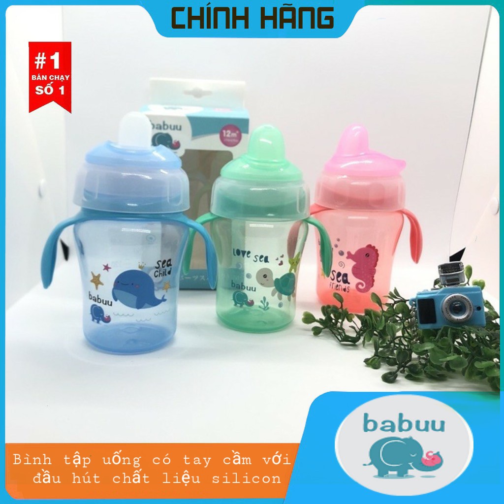 Bình tập uống đầu mềm có tay cầm Babu Baby 240ml (họa tiết cá biển đại dương)