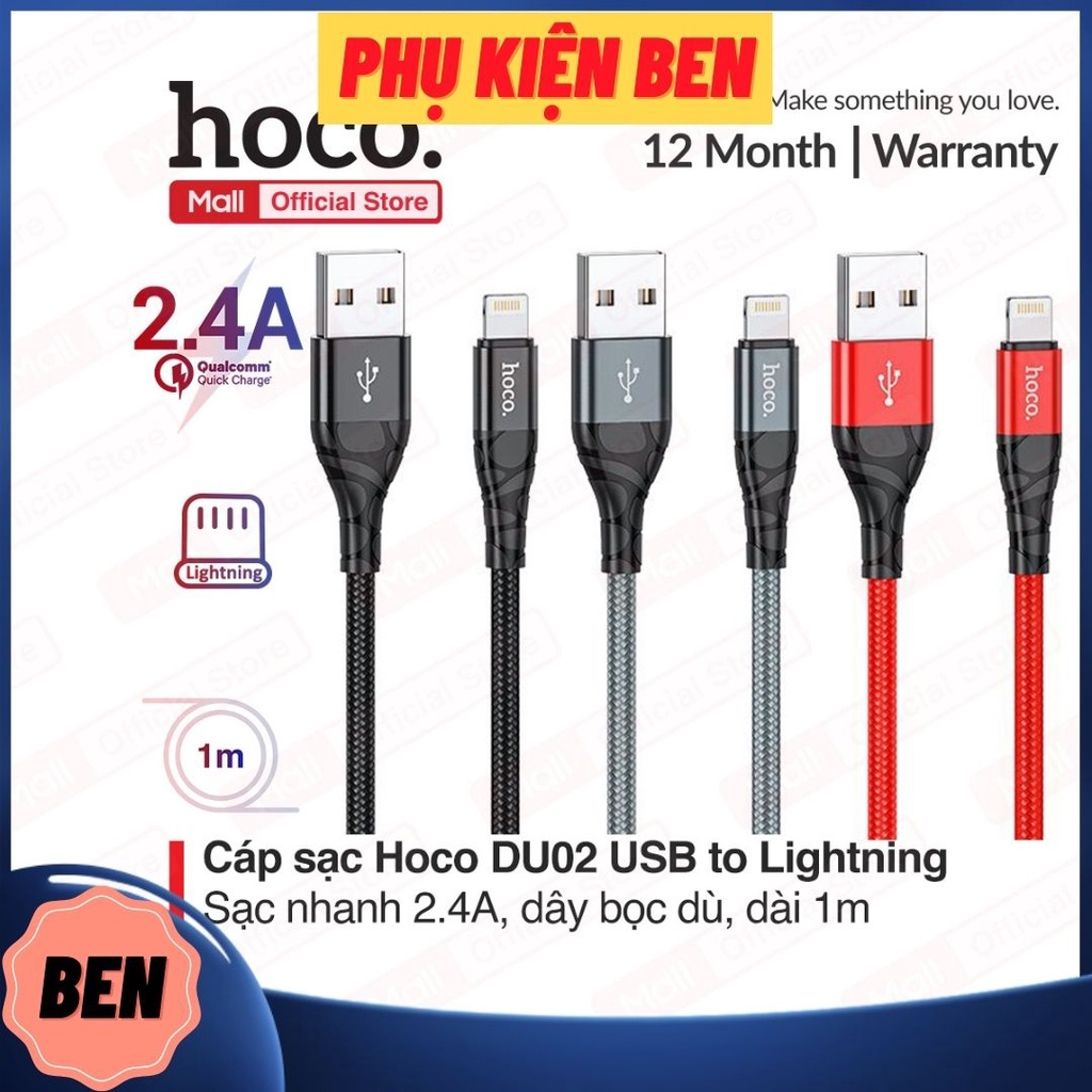 Cáp sạc nhanh hoco du02, du02 plus lightning 2.4a, sạc nhanh cho các dòng iphone/ipad, dây dù chống rối - chống đứt