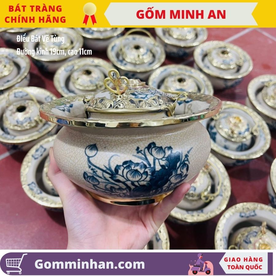 Điếu bát men rạn cổ bọc đồng vàng kèm xe nõ- gốm sứ bát tràng- gốm minh an