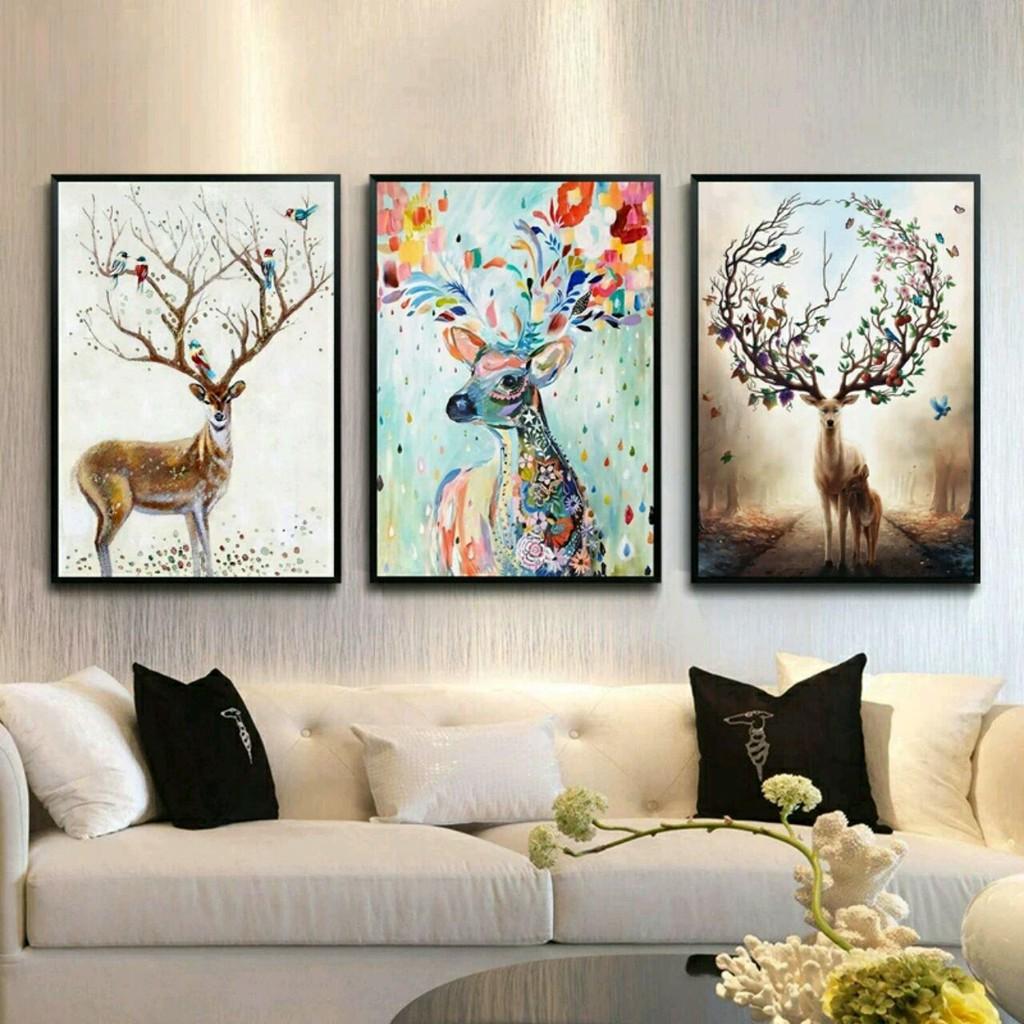 Tranh Canvas treo tường - Hươu tài lộc - 3 tranh 30x40cm