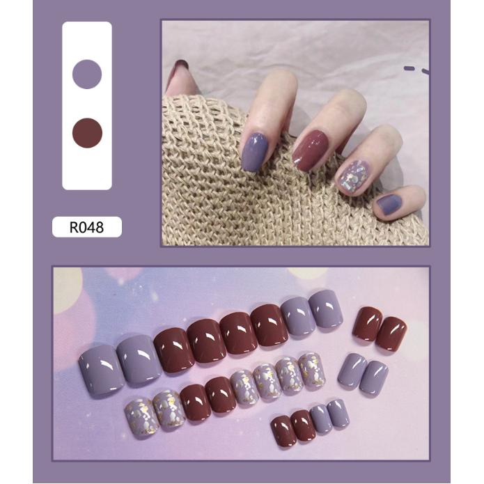 Móng Tay Giả Có Keo Sẵn LCR048 Tím nhũ - Móng vuông Nails 24 móng giả rẻ, tự dán móng tại nhà