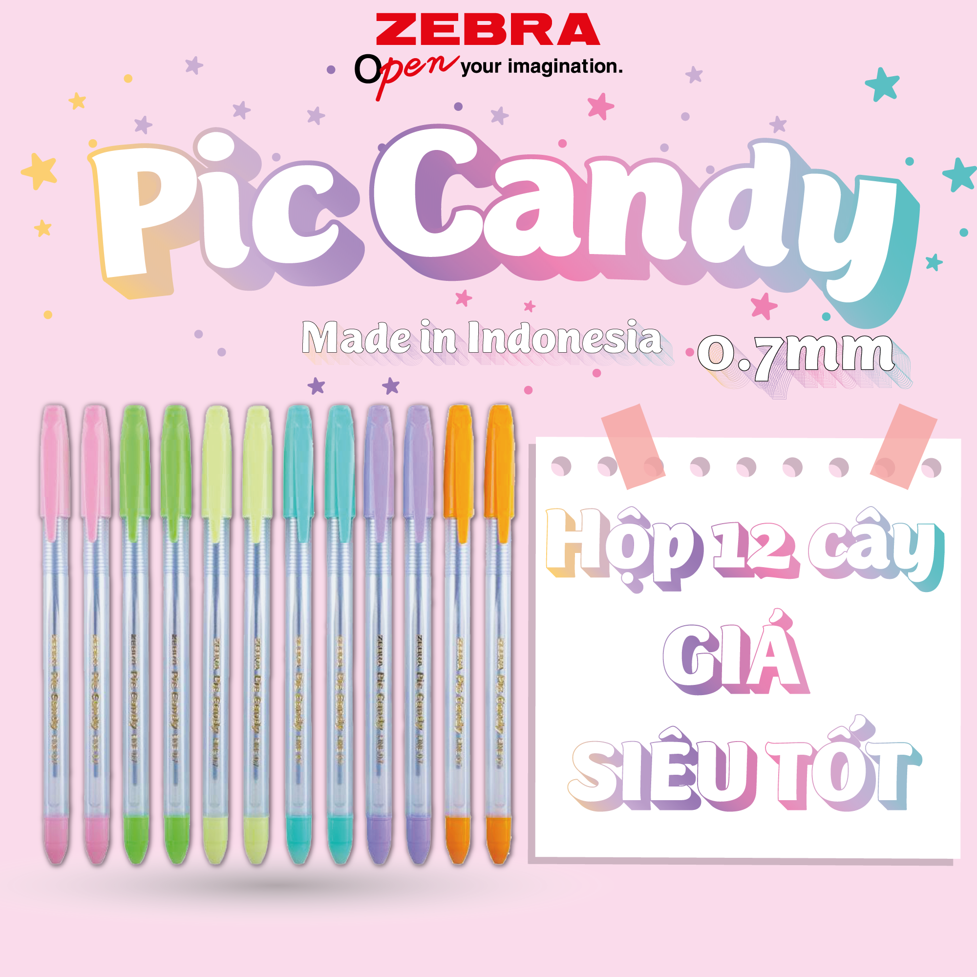 Viết bi nắp pic candy 0.7mm mực xanh - zebra - 12 cây