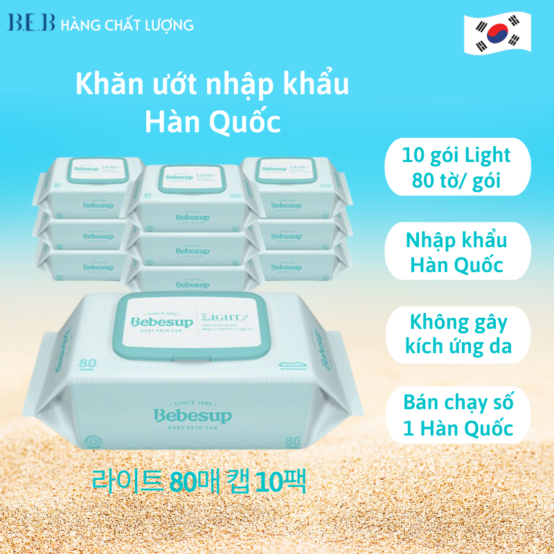 Sỉ thùng 10 gói Khăn giấy ướt không mùi cho bé BEBESUP Hàn Quốc LIGHT 80