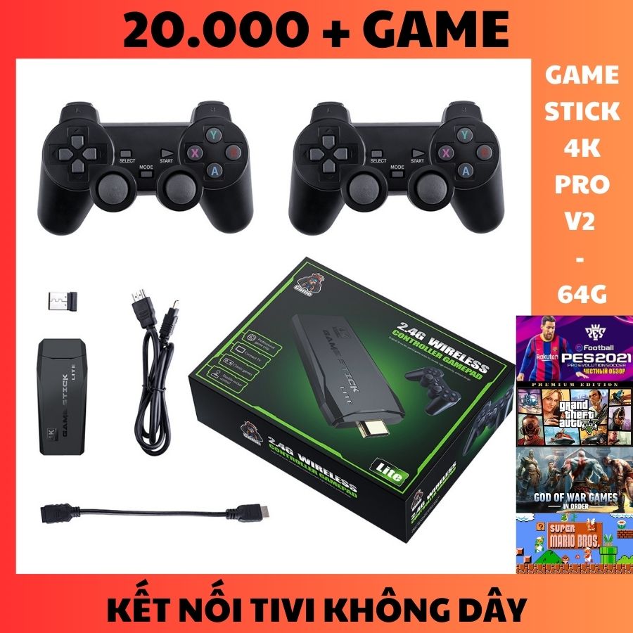 Game Stick 4k V2 Pro 2023, 64GB-20.000 Trò + 50 Game Mới Tải Thêm, Game Stick M15 Máy Chơi Game Cầm Tay Không Dây