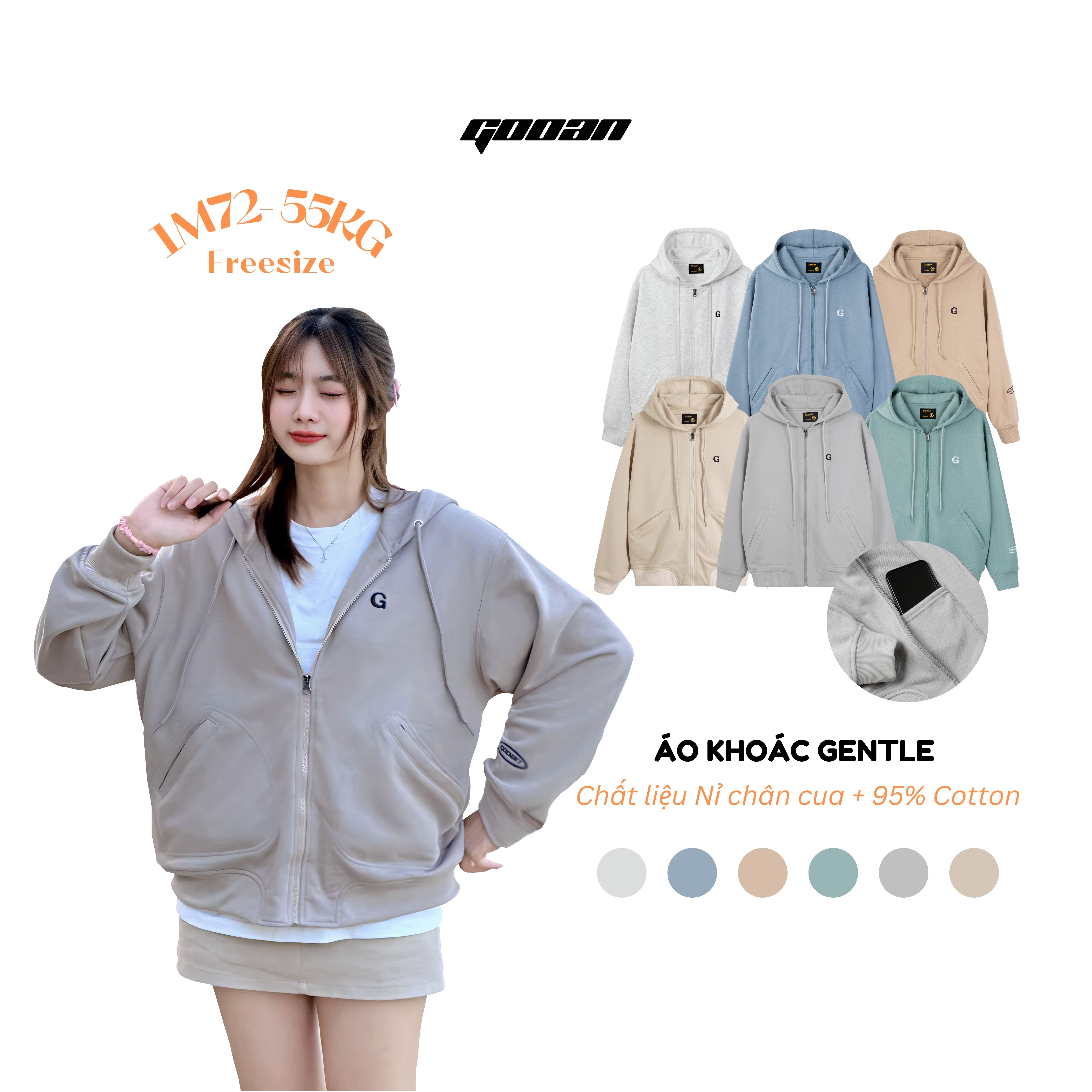 Áo Khoác Nỉ Chân Cua Hoodie Zip Gooan Gentle Form Rộng