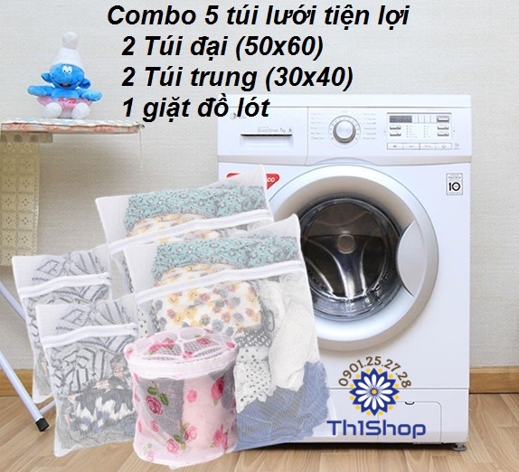 Combo 5 túi lưới giặt đồ tiện lợi tiết kiệm 2 túi lớn 2 túi trung 1 túi giặt đồ lót th1shop