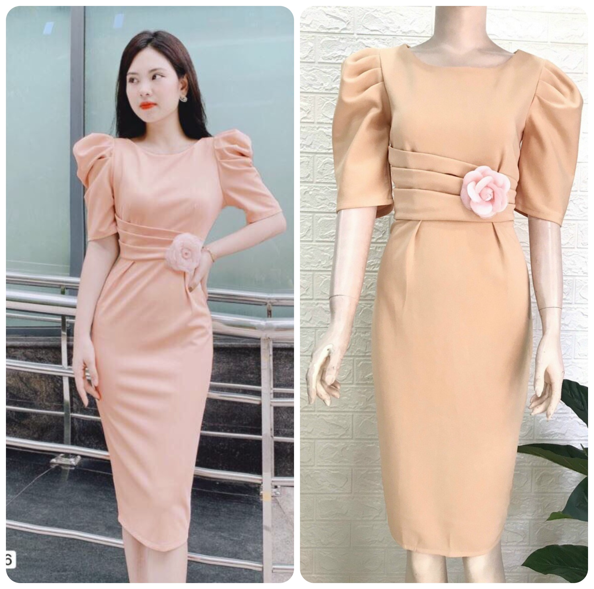 Đầm ôm eo xếp li cách điệu kèm hoa