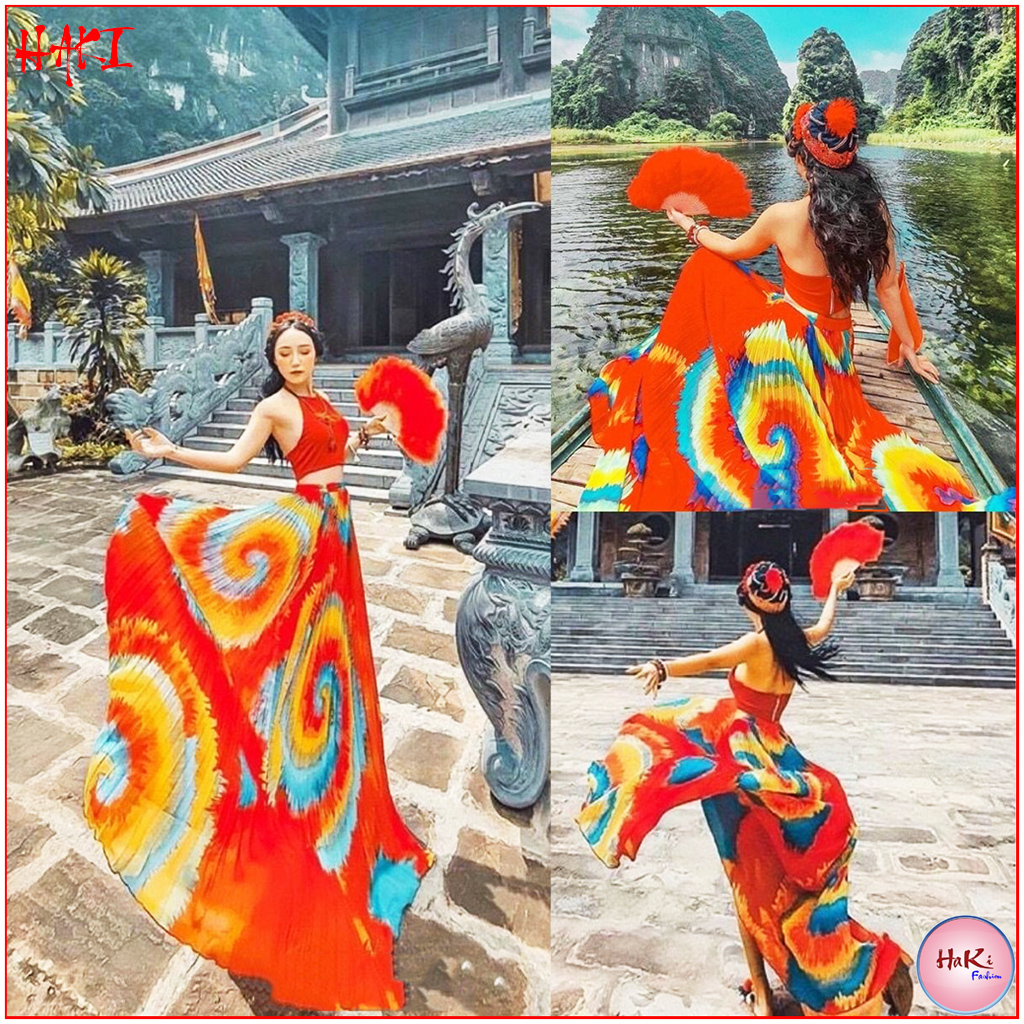 [HCM]Set váy maxi cổ yếm họa tiết xoắn ốc chân váy dập ly sang chảnh đi biển du lịch sống ảo rất xinh HAKI MSP109 chất liệu Lụa đẹp