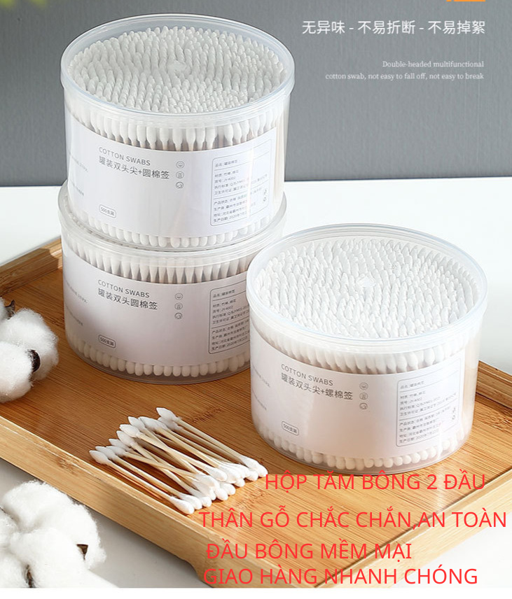 Hộp Tăm Bông Thân Gỗ 500 Que Cotton 2 Đầu Mềm Mại Vệ Sinh Tai Trang Điểm Chăm Sóc Cá Nhân