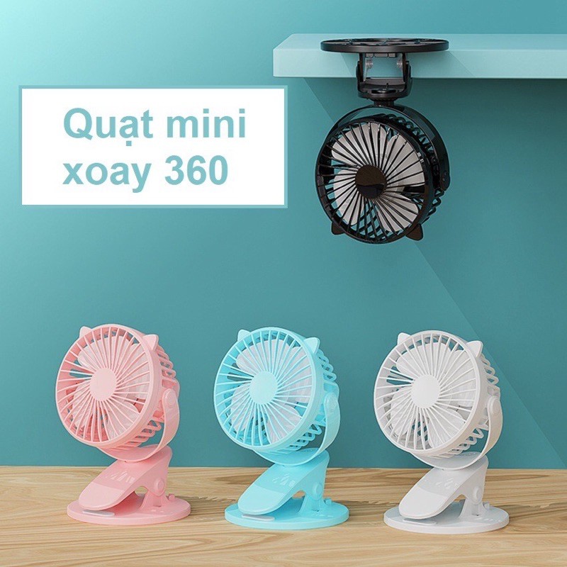 Quạt Mini Kẹp Để Bàn Tai Mèo Siêu Dễ Thương Xoay 360 Độ Sạc Pin Chống Ồn Dành Cho Văn Phòng, Phòng Ngủ