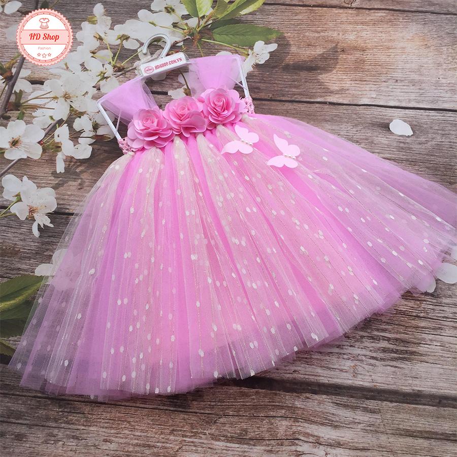 Đầm công chúa hồng phấn kim tuyến chấm bi cho bé yêu cực kì duyên dáng đáng yêu