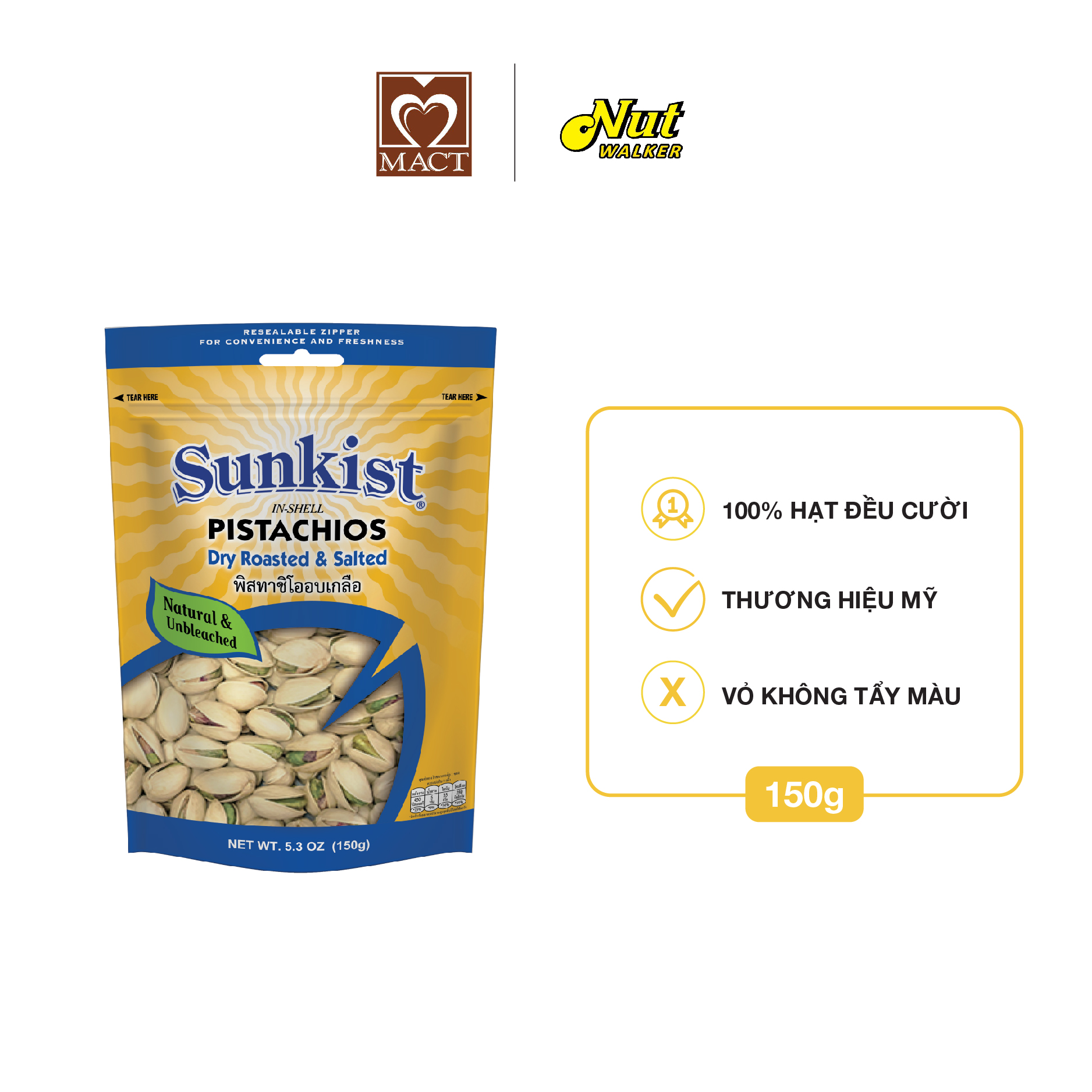 Hạt dẻ cười 100% hạt đều cười sunkist - túi 150g