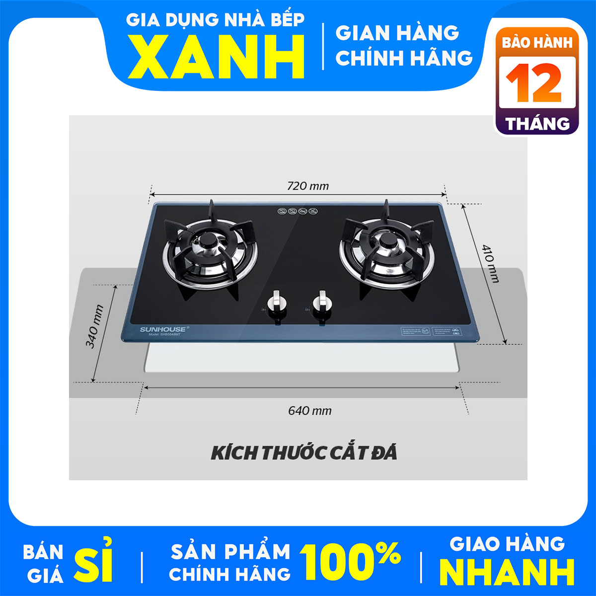 Bếp gas âm đôi Sunhouse SHB5548MT Mới+Tặng Dây gas,- đánh lửa IC-ngắt gas tự động, để nổi được