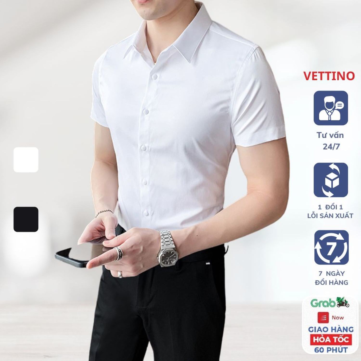 Áo sơ mi nam tay ngắn vettino áo sơ mi nam cộc tay dáng ôm vải lụa chống nhăn chống xù thoáng mát