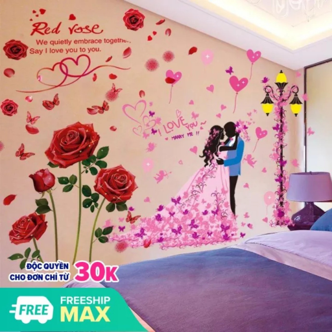 DECAL DÁN TƯỜNG HOA HỒNG NHUNG ĐỎ VÀ CẶP ĐÔI TÌNH NHÂN 5