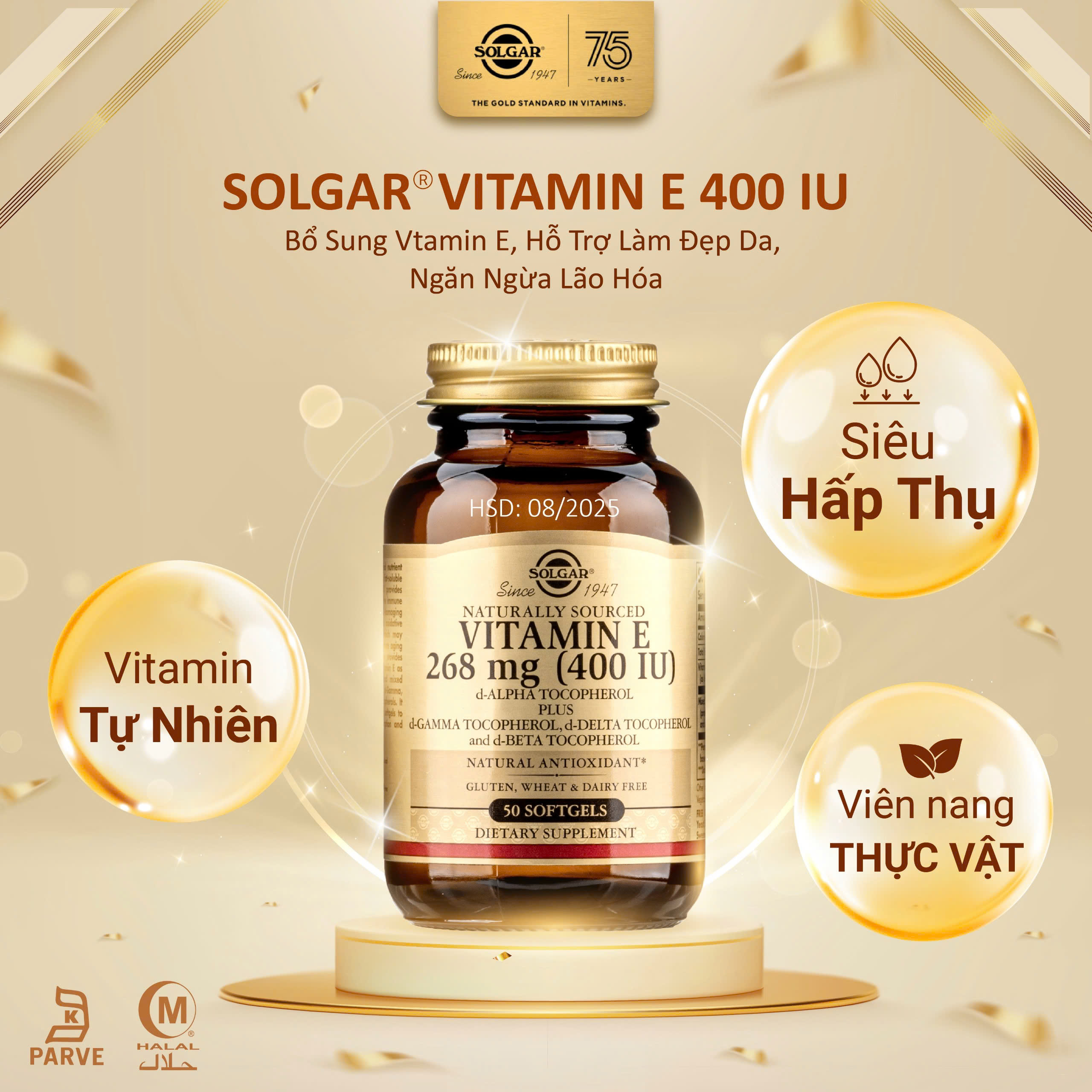 Viên Uống Solgar Vitamin E 400 IU - Bổ Sung Vtamin E, Hỗ Trợ Làm Đẹp Da, Ngăn Ngừa Lão Hóa [Lọ 50 Viên - HSD: 08/2025]