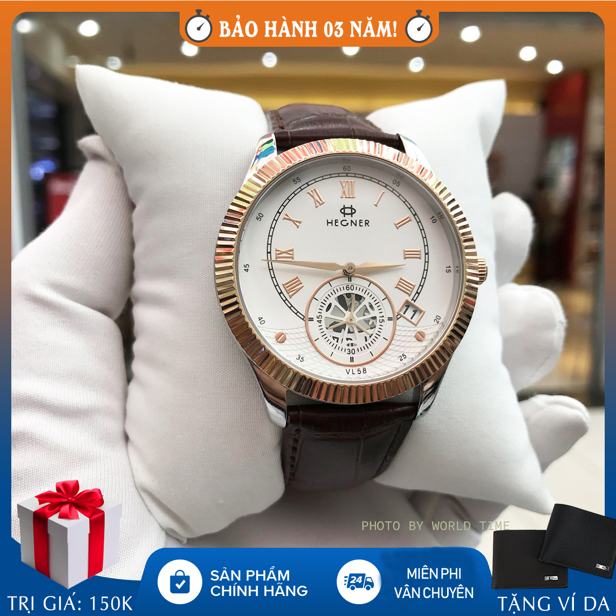 Đồng hồ nam Hegner HW-5046MRWH full hộp, thẻ bảo, kính Sapphire chống xước, chống nước, dây da