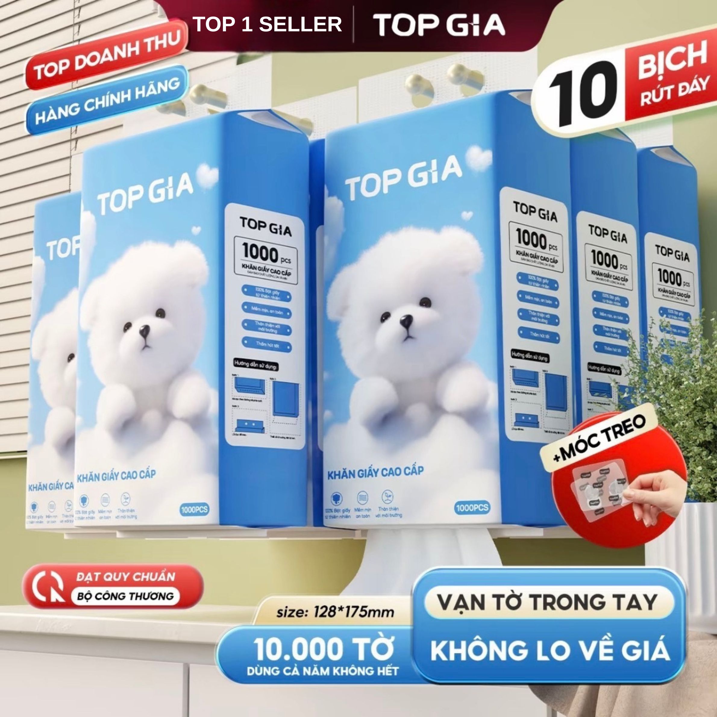 (Size NHỎ) Thùng 10 Bịch Khăn Giấy Top Gia Treo Tường GIAGIA 1000 tờ 4 Lớp Mềm Mịn Dày Dặn