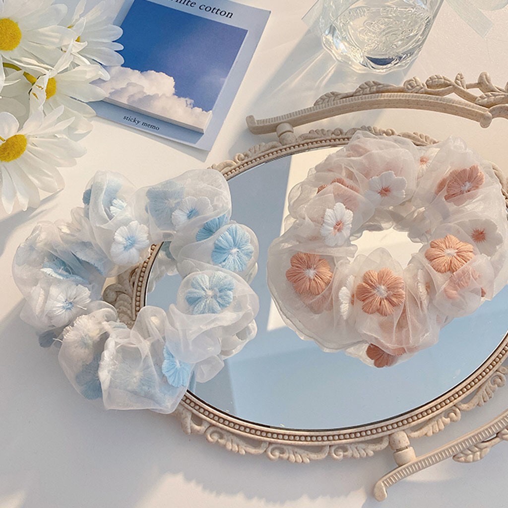 Dây cột tóc Scrunchies thêu Hoa Mai, buộc tóc vải