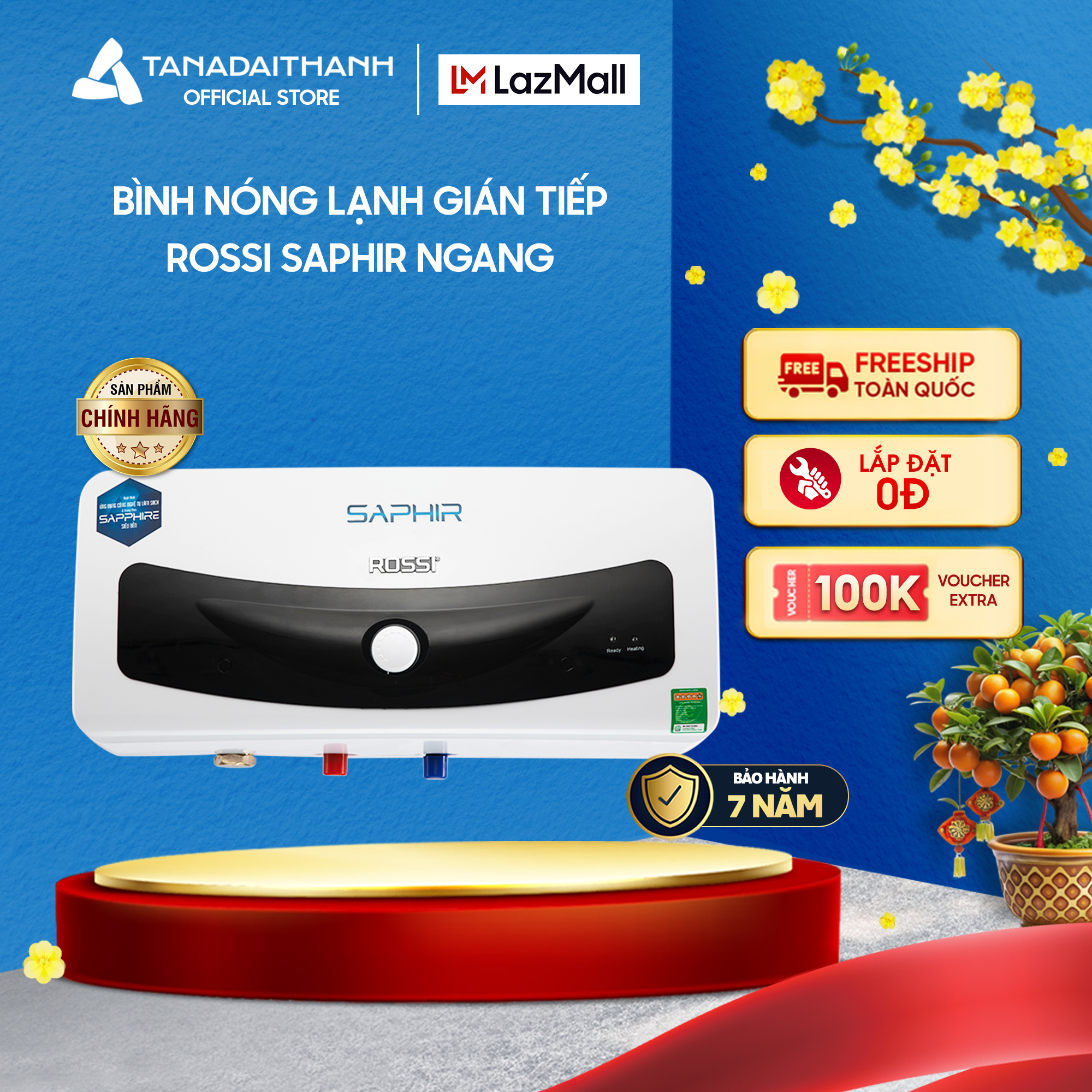 [Voucher 15%] Bình nóng lạnh gián tiếp Rossi Saphir Ngang (15/20/30 Lít) - Chính hãng, Bảo Hành 7 năm